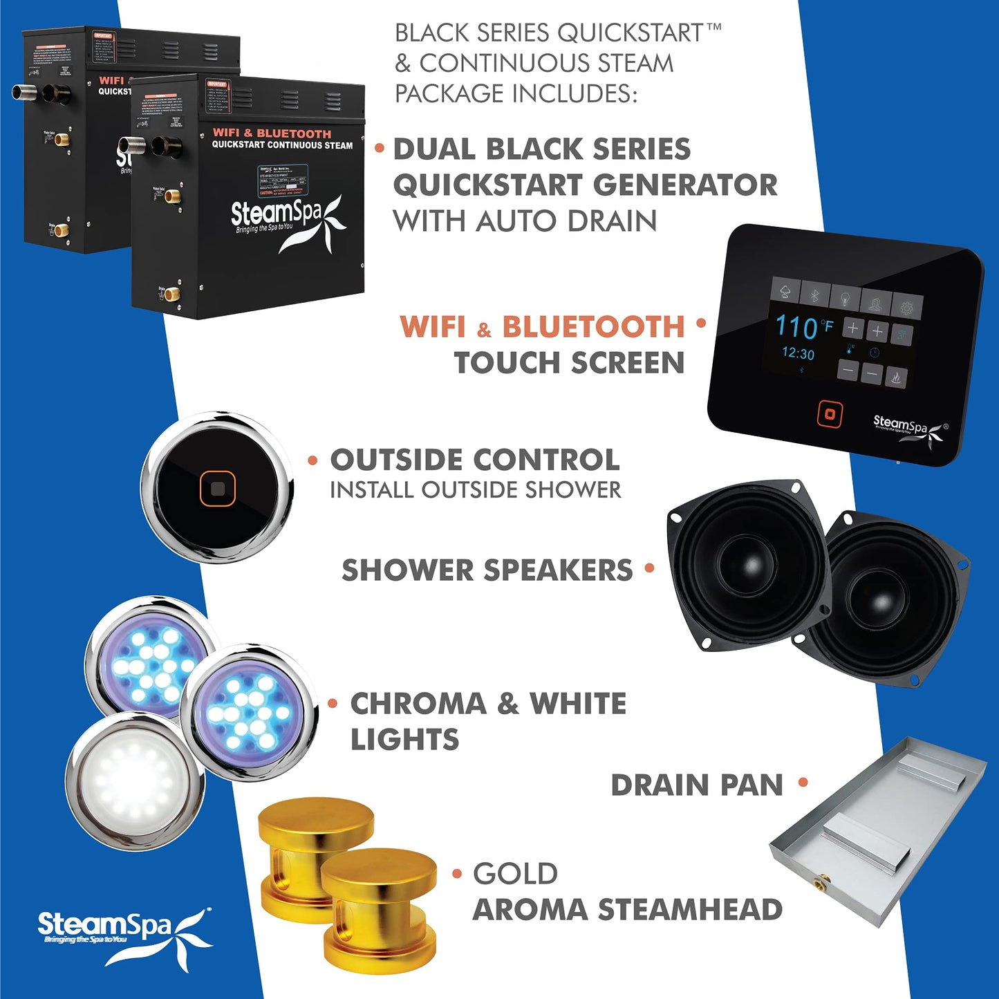 SteamSpa Generator with Quick Start Continuous Steam Technology, Wi-Fi, Bluetooth and Autodrain | 15kW Steam Generator with Gold Steam Head with Aromatherapy Reservoir | RVB1500GD-A
