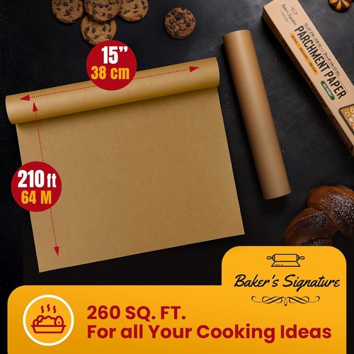 Baker’s Signature Unbleached Parchment Paper Roll - Heavy Duty Non-Stick, 15in x 210ft for Baking & Cooking