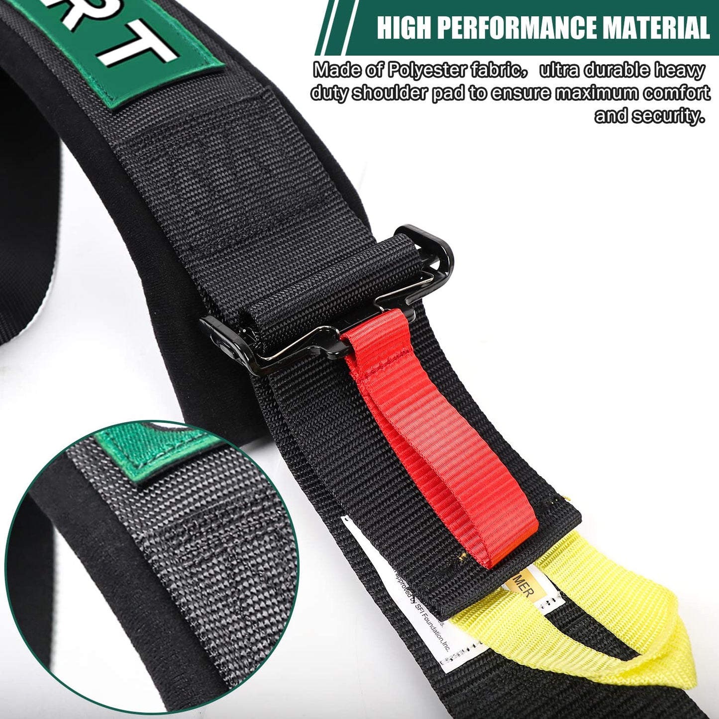 BESTZHEYU 2PCS Black 5-Point Racing Harness Set SFI with Ultra Comfort Heavy Duty Shoulder Pads Universal Polyester Harness Set