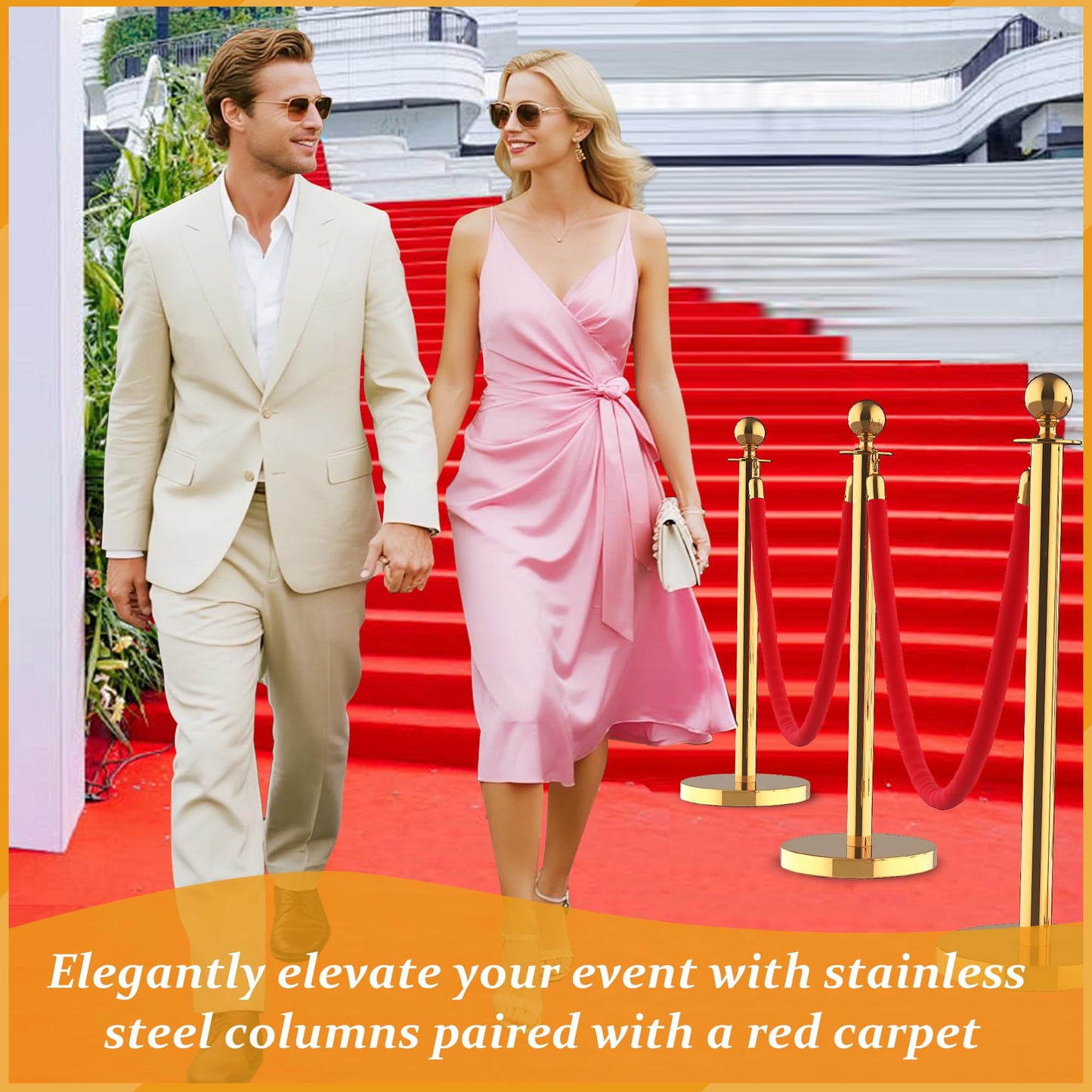 Crowd Control Stanchions 6PCS with 4 Velvet Ropes & 26FT Red Carpet, Stainless Steel Post and Filled Base, Retractable Safety Barriers for Hotel, Wedding, Theater, Event