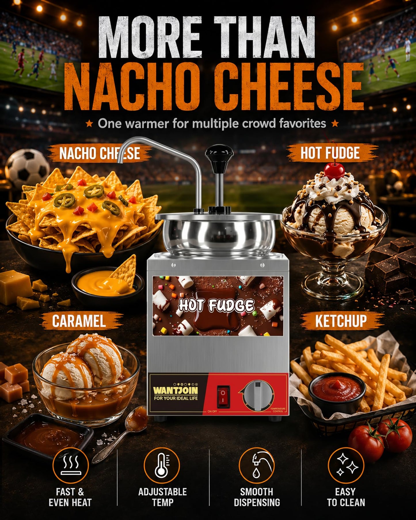 WantJoin Nacho Cheese Dispenser with Pump - 4.6QT Commercial Stainless Steel Warmer with 86-185°F Temperature Control for Hot Fudge, Caramel & Sauces
