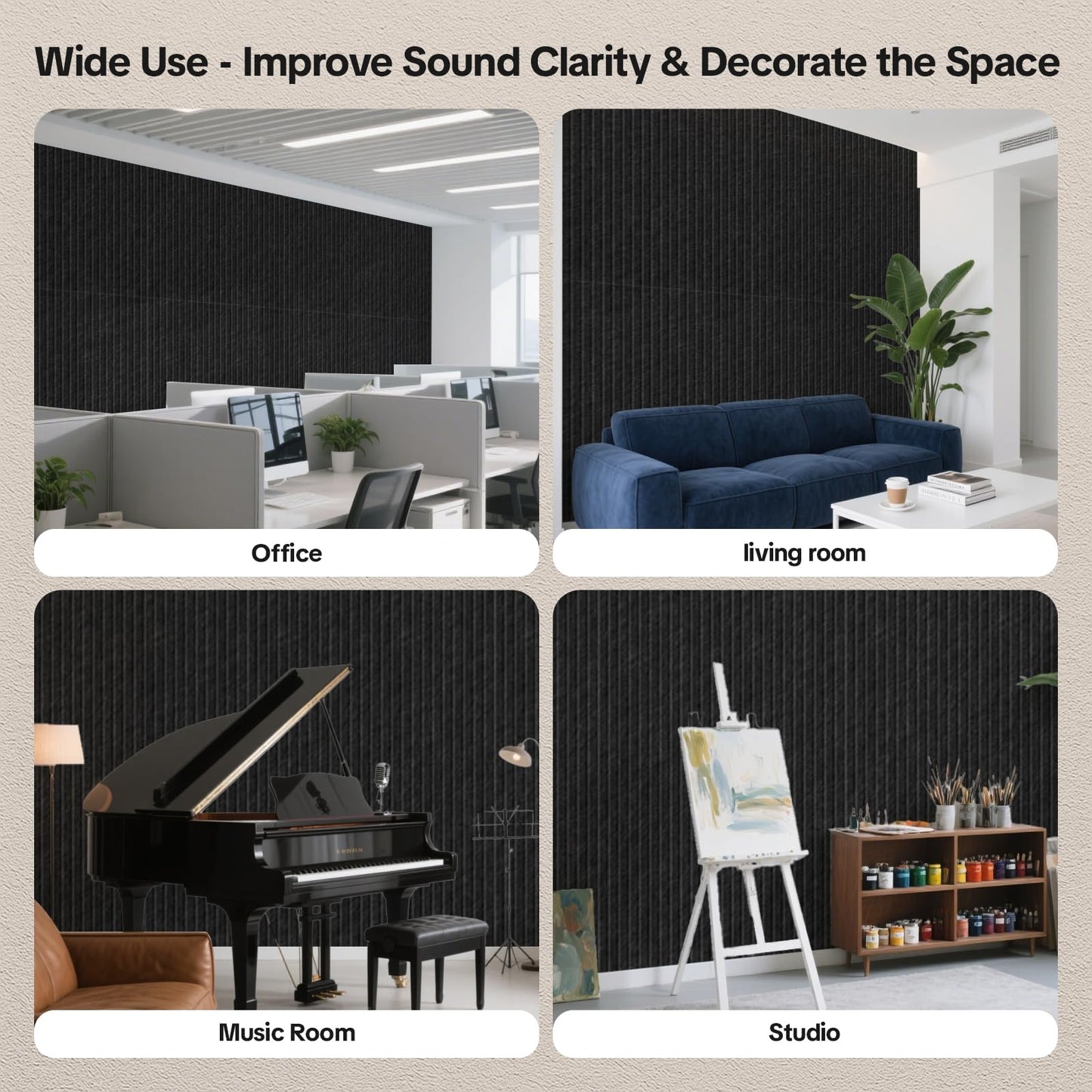 Tao.Space Acoustic 6 Pack Soundproof wall Equidistant cutting Panels, 47.2” x 23.6” x 0.4” Self-Adhesive Noise Reduction Wall Panels for Office, Home Theater, Recording Studio,Black