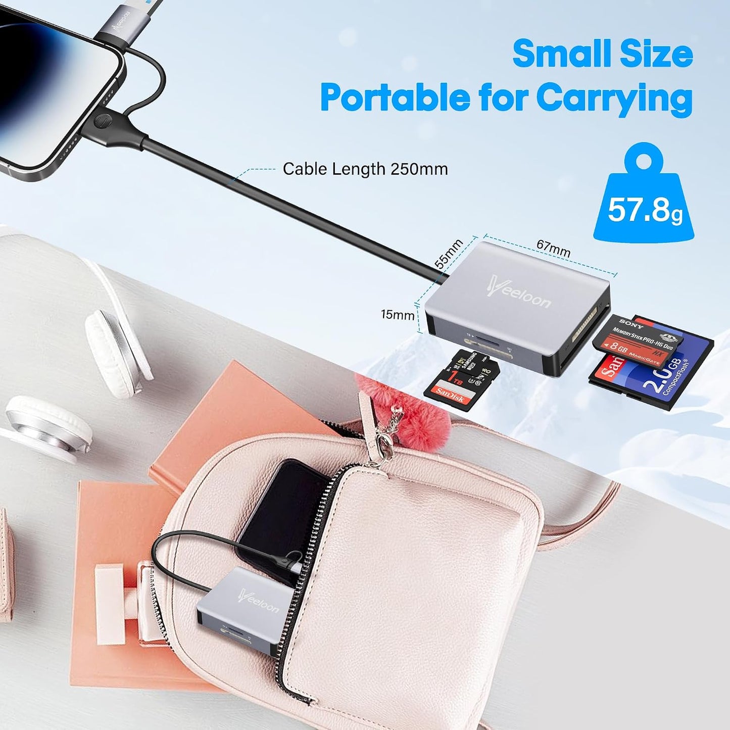 Veeloon 4-in-1 3.0 17/16, Multi OTG SD Card Reader, USB C USB Dual Connector Adapter Simultaneously Read SD MS CF TF