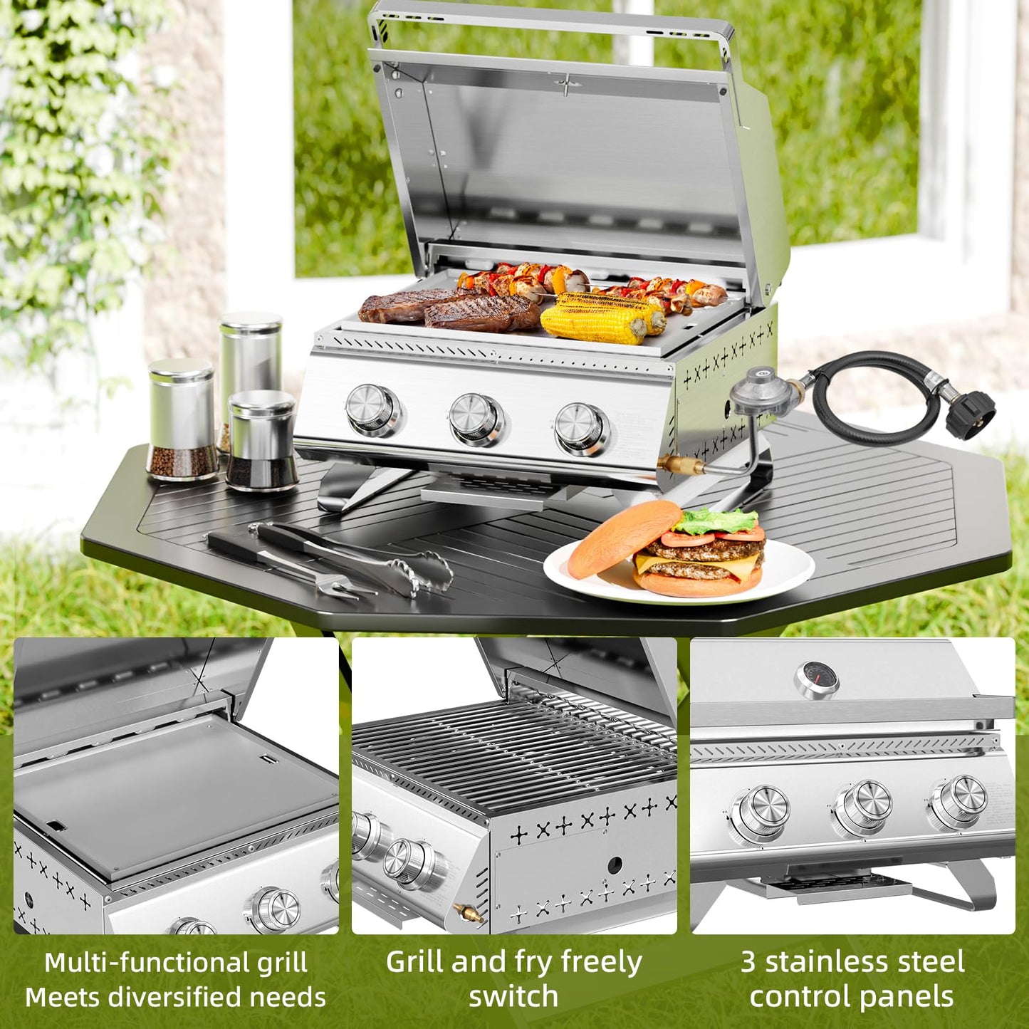 Electactic 3-Burner 24,000 BTU Portable Flat Top Propane Gas Grill, Heavy-Duty Stainless Steel 2-in-1 Tabletop Grill and Griddle Combo for Commercial BBQ, Outdoor Cooking, Camping,Tailgates & Backyard