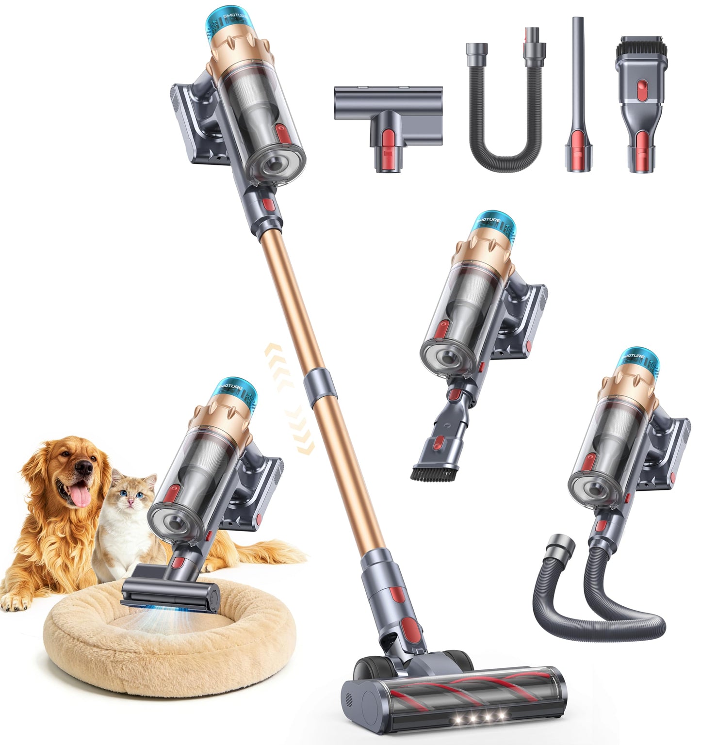 Cordless Vacuum Cleaner, 55KPA 650W 70Mins Stick Vacuum Cleaners for Home with Motorized Bed Brush, Flexible Hose, LED Touchscreen, Auto Mode, Self-Standing & Wall Mount, for Pet Hair Carpet Floor