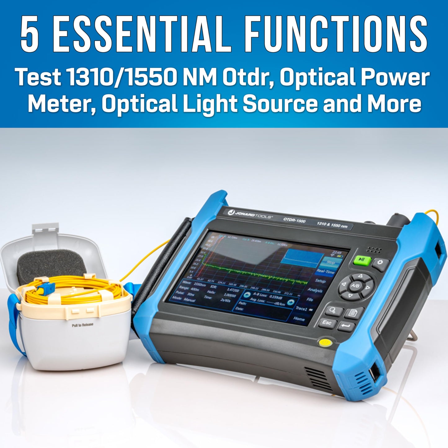 Jonard Tools OTDR-1500 Professional Multi-Function OTDR - Dynamic Range of 32/30, 7" Color Touch Screen, Dual Wavelength Fiber Tester, VFL, OPM Optical Power Meter, Wi-Fi, Adapters Included