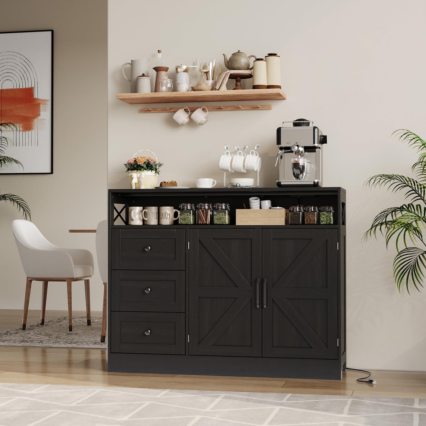 GAOMON 51Inch Sideboard Buffet Cabinet, Wood Rustic Coffee Bar Large Buffet Storage Cabinet with Drawers and Power Outlets Shelves Doors for Dining Kitchen Living Room, Black