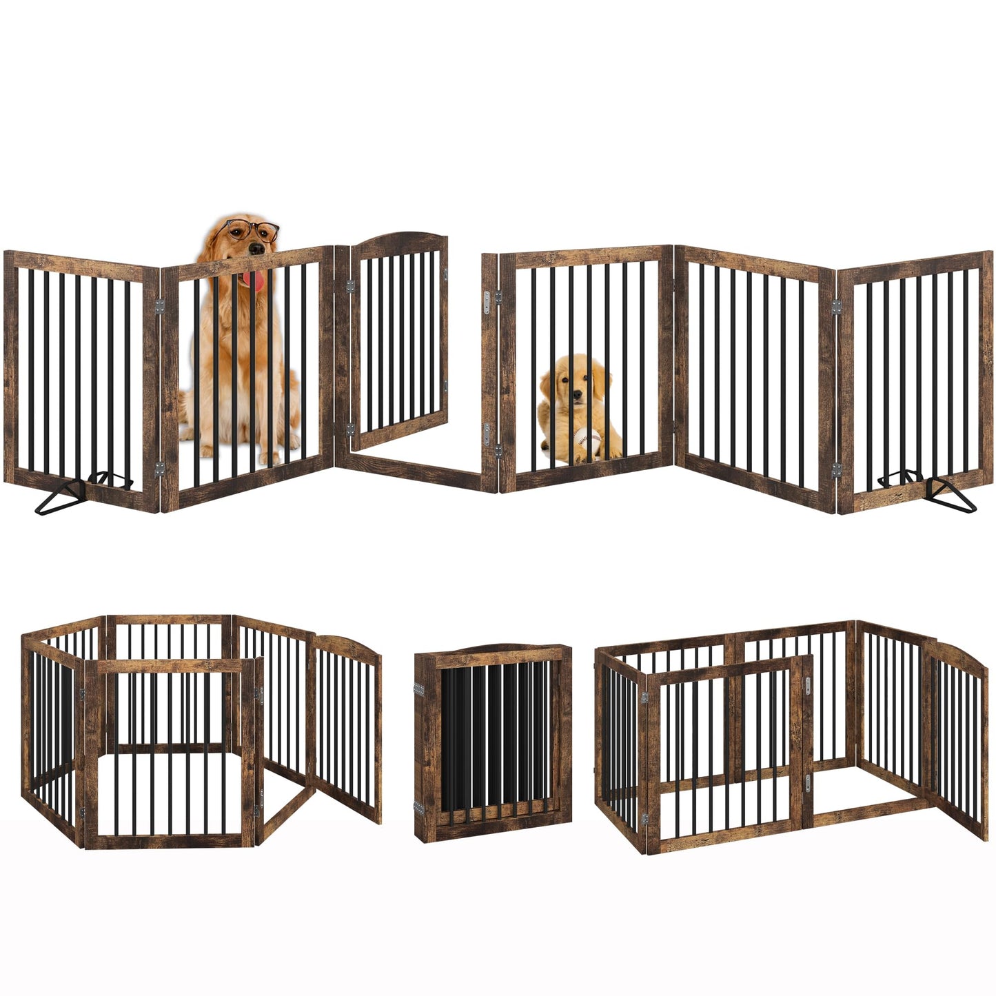 Vantas Folding Pet Gate 144" Wide, 30" Tall No-Assembly Wooden Dog Gate with Door Walk Through, Freestanding Puppy Safety Fence, with 2PCS Support - Rustic Brown