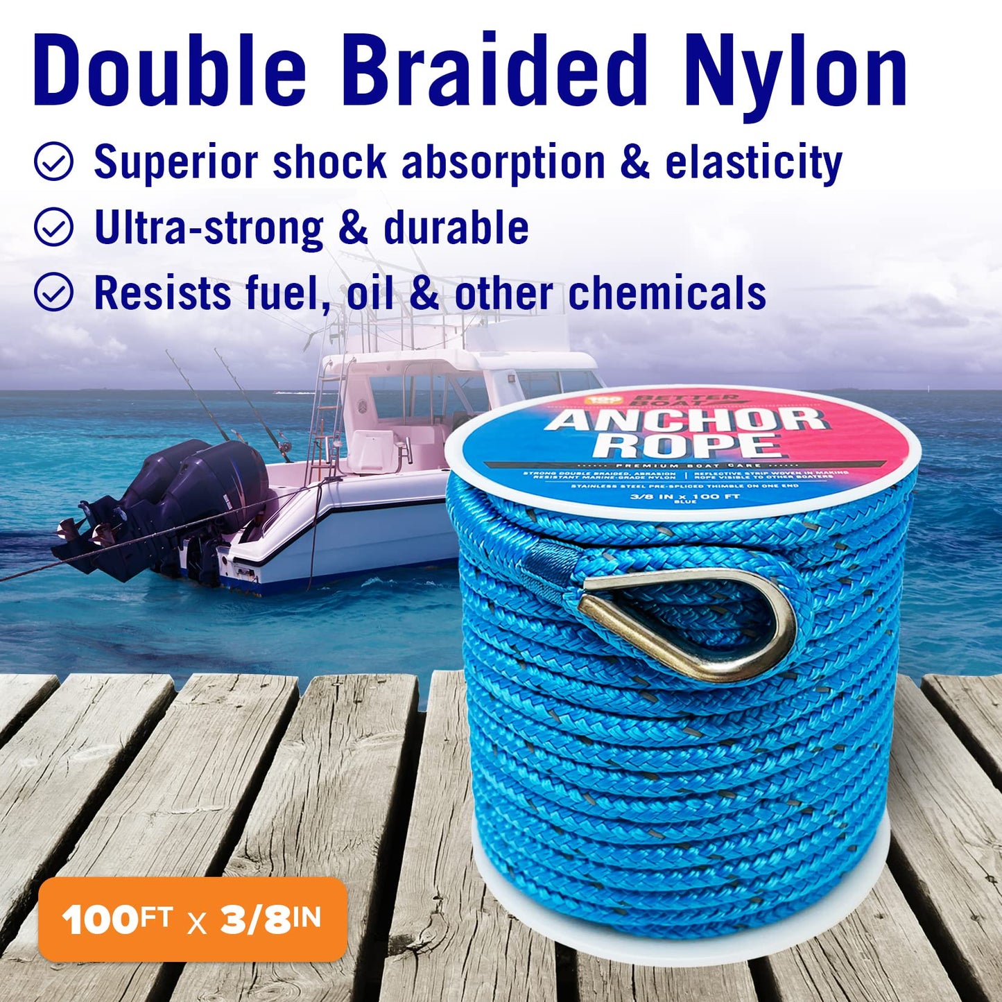 Better Boat Premium Anchor Rope, 100 Ft Double Braided White Nylon Marine Line, Reflective 3/8 Inch Reel for Anchors and Boats - Blue