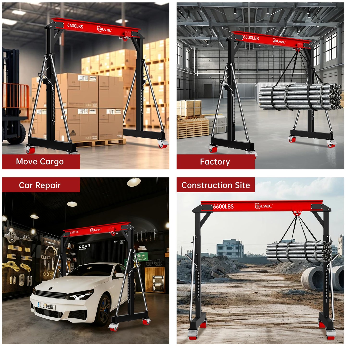 SILVEL 3 Ton Gantry Crane, Max 6600Lbs 8.53FT Maximum Capacity Width, Adjustable Height 8.53-12.47FT, Portable Shop Lift Hoist with 3 Ton Manual Trolley for Factories, Warehouses, Garage, Red