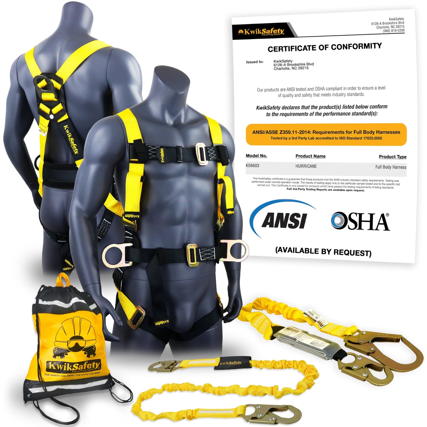 KwikSafety - Charlotte, NC - HURRICANE Safety Harness [LANYARD KIT] Premium Padded Back Support ANSI OSHA Full Body Fall Protection Equipment Construction Tower Roofing Forklift Boom
