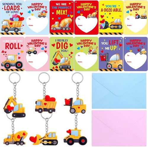 Fancy Land Valentine's Day Cards - 30 Pack Construction Theme with Keychains for Kids' Classroom Gifts