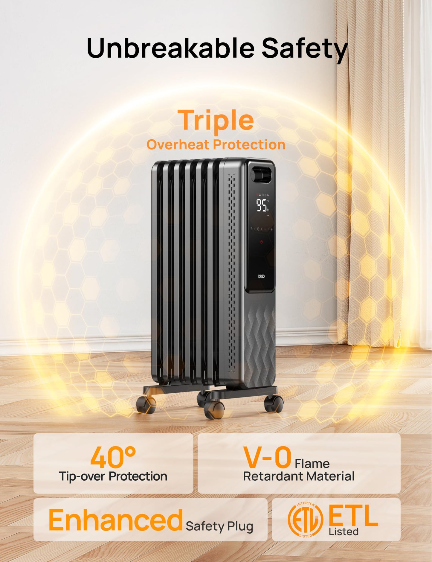 DREO Oil Filled Radiator, Electric Radiant Heaters for indoor use Large Room with Remote Control, Child Lock, 4 Modes, Overheat & Tip-Over Protection, 24h Timer, Digital Thermostat, Quiet, 1500W