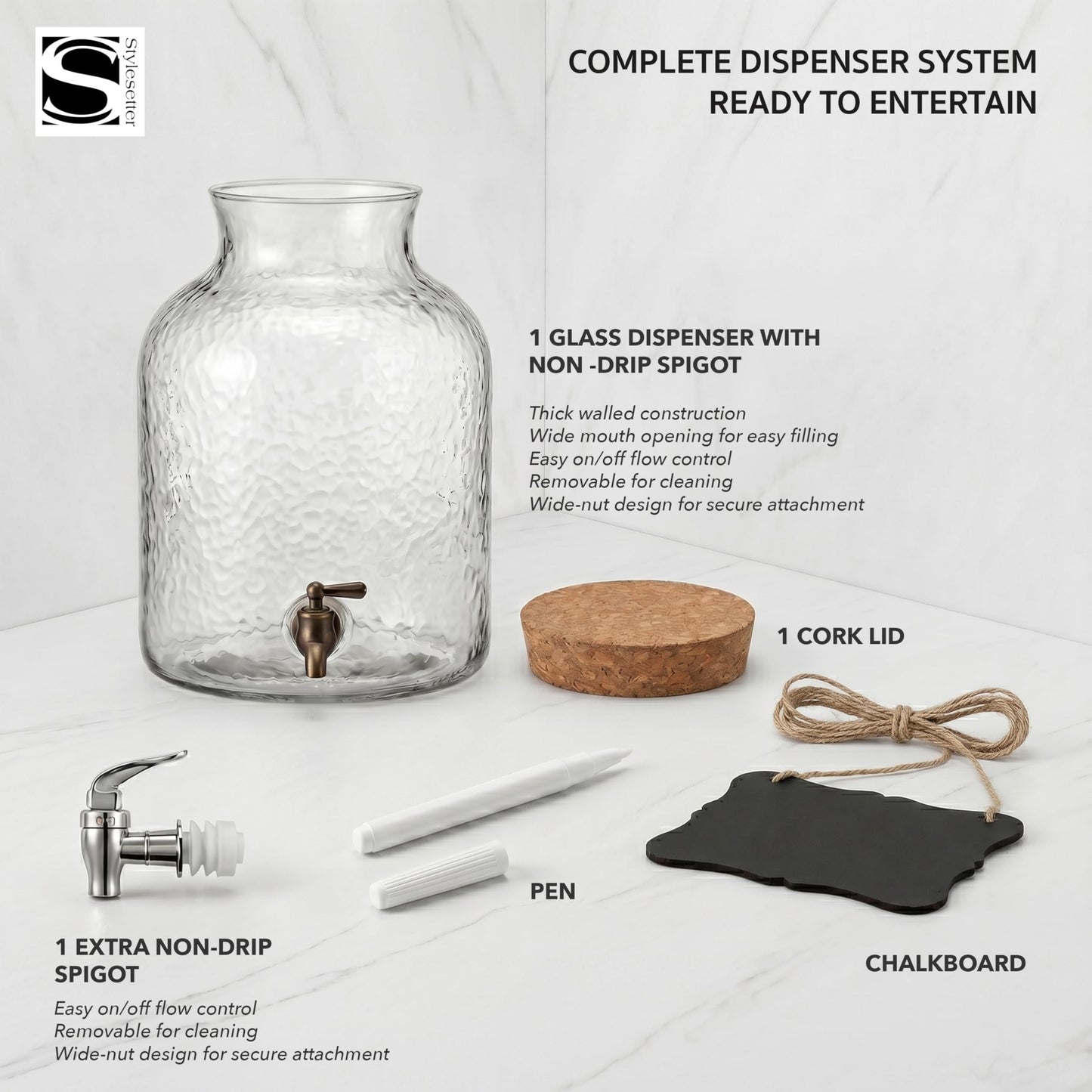 Style Setter Beverage Dispenser Cold Drink Dispenser w/ 2.7 Gallon Capacity Glass Jug, Cork Lid & Leak-Proof Acrylic Spigot, Great for Parties, Weddings & More