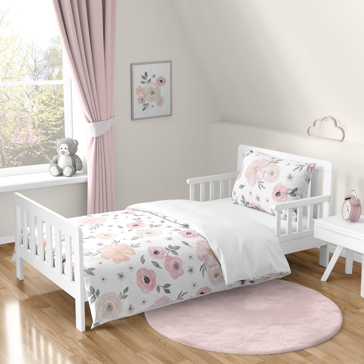 Sweet Jojo Designs 5-Piece Toddler Bedding Set (Pink/Grey Boho Floral) for Girls, Kids incl. Bed in a Bag Comforter, Blanket, Pillowcase, Sham & Sheets (Watercolor, Elegant Rose, Farmhouse, Nature)