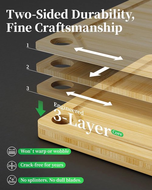 Kitchen Cutting Board Set - 3-Piece Wooden Boards with Juice Groove & Handles | Natural 0.4” Thick