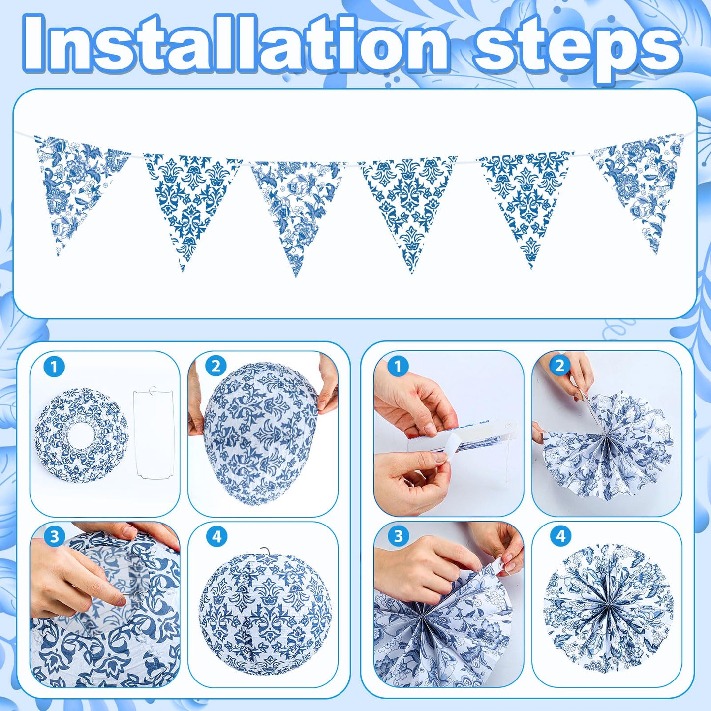 Tujoe 19 Pcs Chinoiserie Themed Party Decorations 10 Paper Lanterns 3 Triangle Flags Banner 6 Hanging Round Fans Blue and White Print Chinese Hanging Decoration for Ceiling Wedding Birthday Home Decor