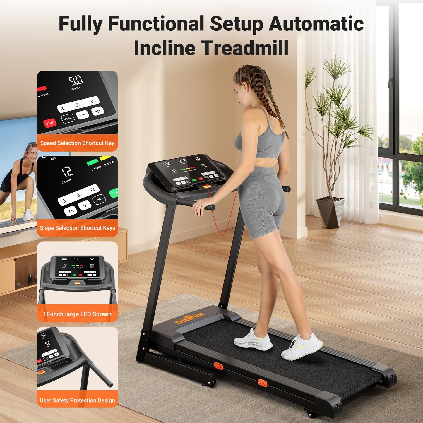 THERUN Incline Treadmill, 0-12% Auto Incline Treadmill for Running and Walking, 300 lbs Weight Capacity, Wide Belt,3.0HP,18" LED Screen, 2 Layers Shock-Absorbing