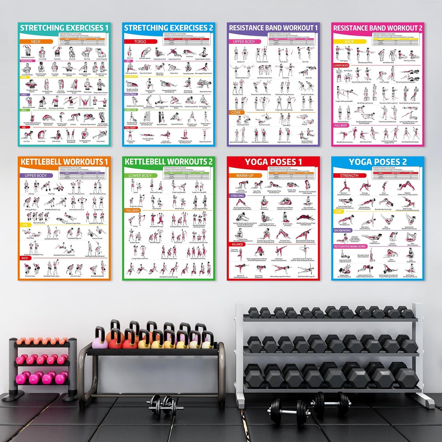 gisgfim 12PCS Workout Posters for Home Gym Dumbbells, Bodyweight, Stretching, Resistance Bands, Yoga, Kettlebells Exercise Chart Full Body Workout Poster Set Muscle Engagement Chart Garage Gym Decor