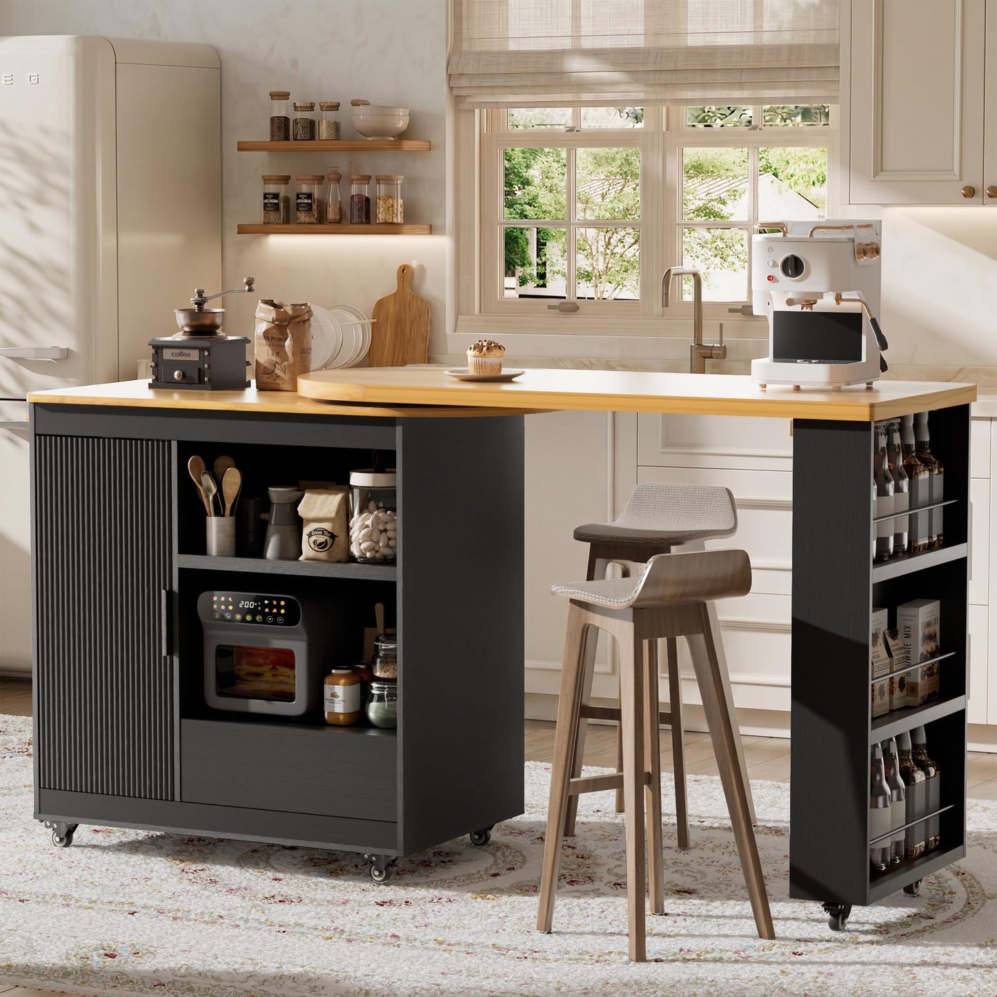 66'' Rolling Kitchen Island with 360° Swivel Tabletop Mobile Kitchen Island with Power Outlet Rotating Kitchen Islands with Storage Cabinets Wood Kitchen Island Table for Kitchen, Bar, Dining Room