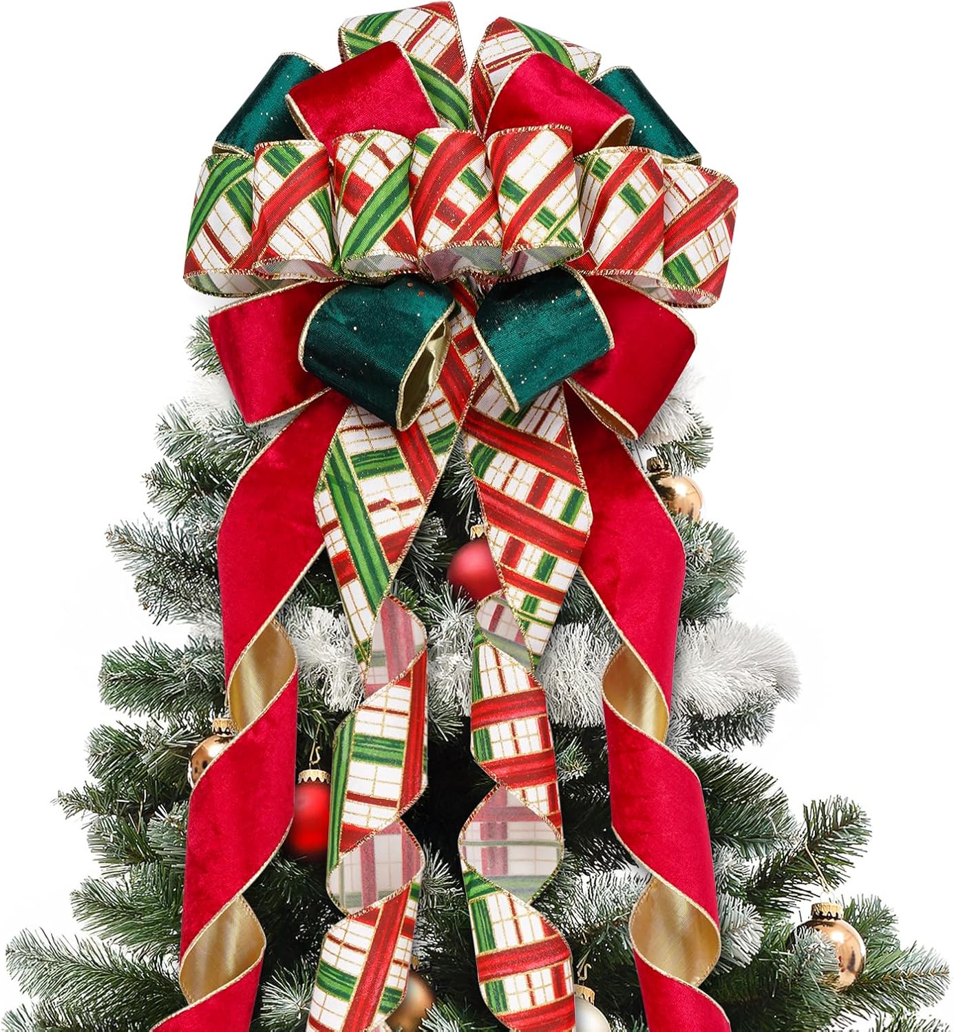 Skiennix Christmas Tree Topper Bow - 13" Large Velvet Red & Green Buffalo Plaid Decoration for Holiday & Festive Parties