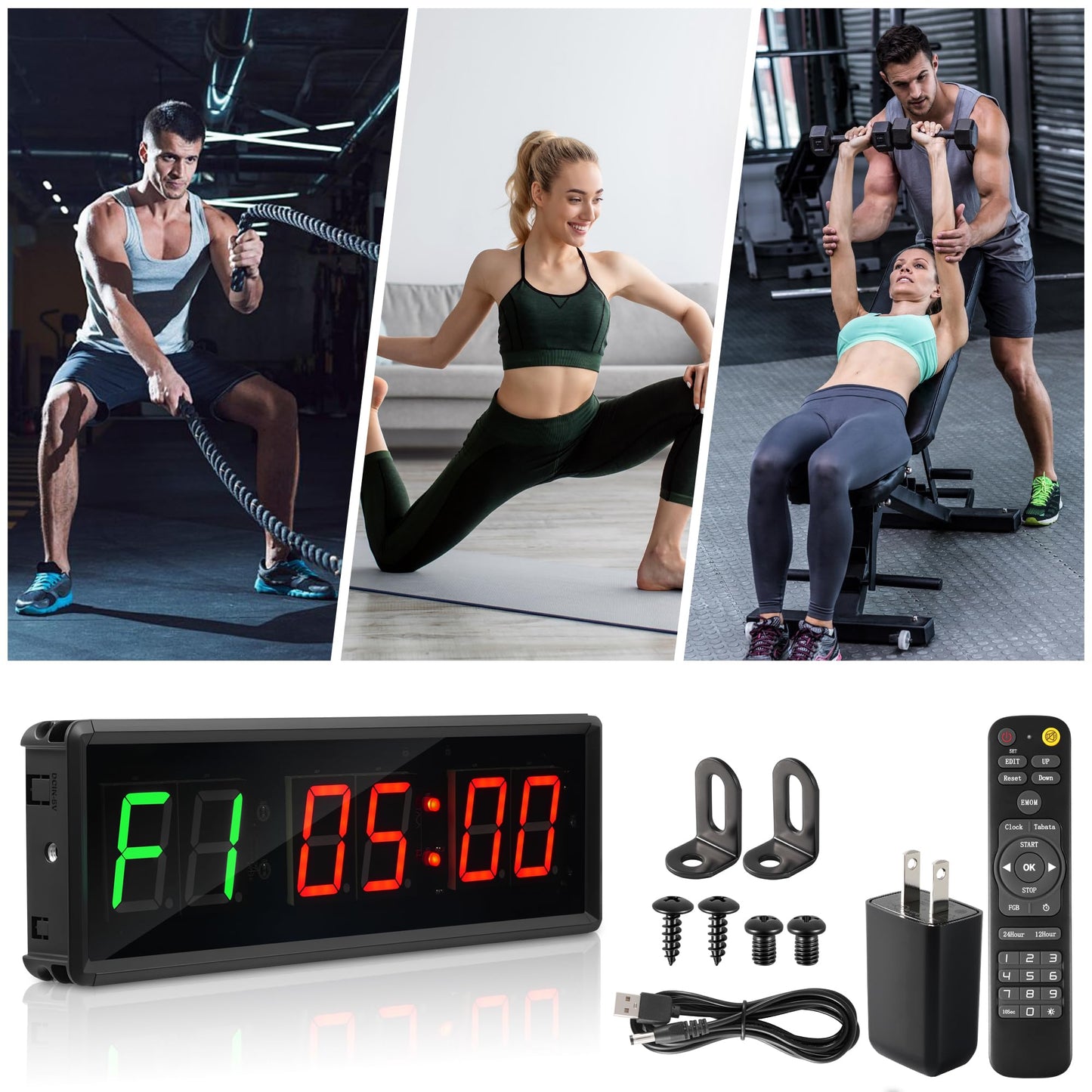 Faweskiy Upgraded Gym Timer Clock for Tabata/FBG/EMOM - Large Digital Interval Workout for Fitness Enthusiast, Count Down & Up | Stopwatch | Workout Clock for Home Gym/Yoga/Boxing/Garage Fitness Times