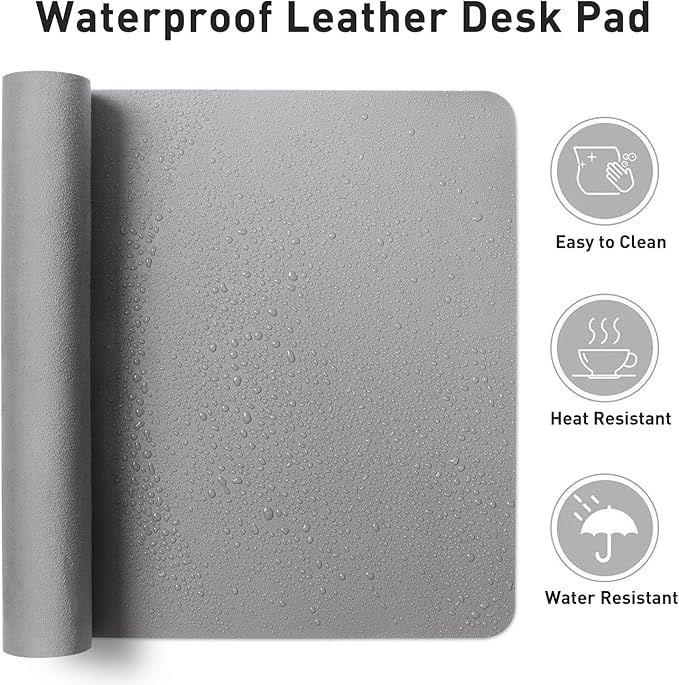 Aothia Faux Leather Desk Mat - Non-Slip PU Leather Desk Blotter, Waterproof Writing Surface, Large Desk Pad for Office & Home (Light Grey, 55" x 17")