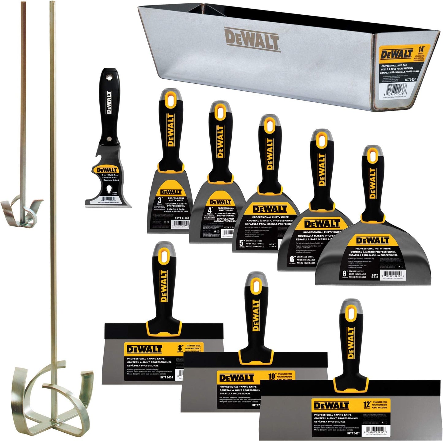 DEWALT DELUXE Stainless Hand Tool Set | 8/10/12" Taping Knives, 3/4/5/6/8" Putty Knives, 2 Mud Mixers + FREE BONUS 14" Mud Pan | DXTT-3-609
