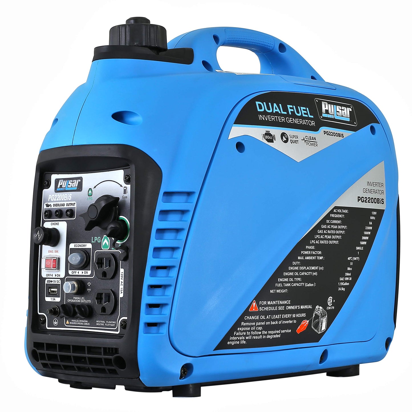 Pulsar 2,200W Portable Dual Fuel Quiet Inverter Generator with USB Outlet & Parallel Capability, CARB Compliant, PG2200BiS