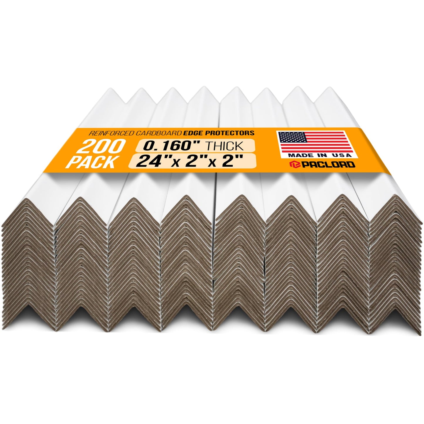 Paclord 24" x 2" x 2" Reinforced Cardboard Edge Protectors, White (Pack of 200) – 0.16" Thick Heavy-Duty Cardboard Corner Protectors for Shipping – American Quality V-Board Pallet Edge Guard