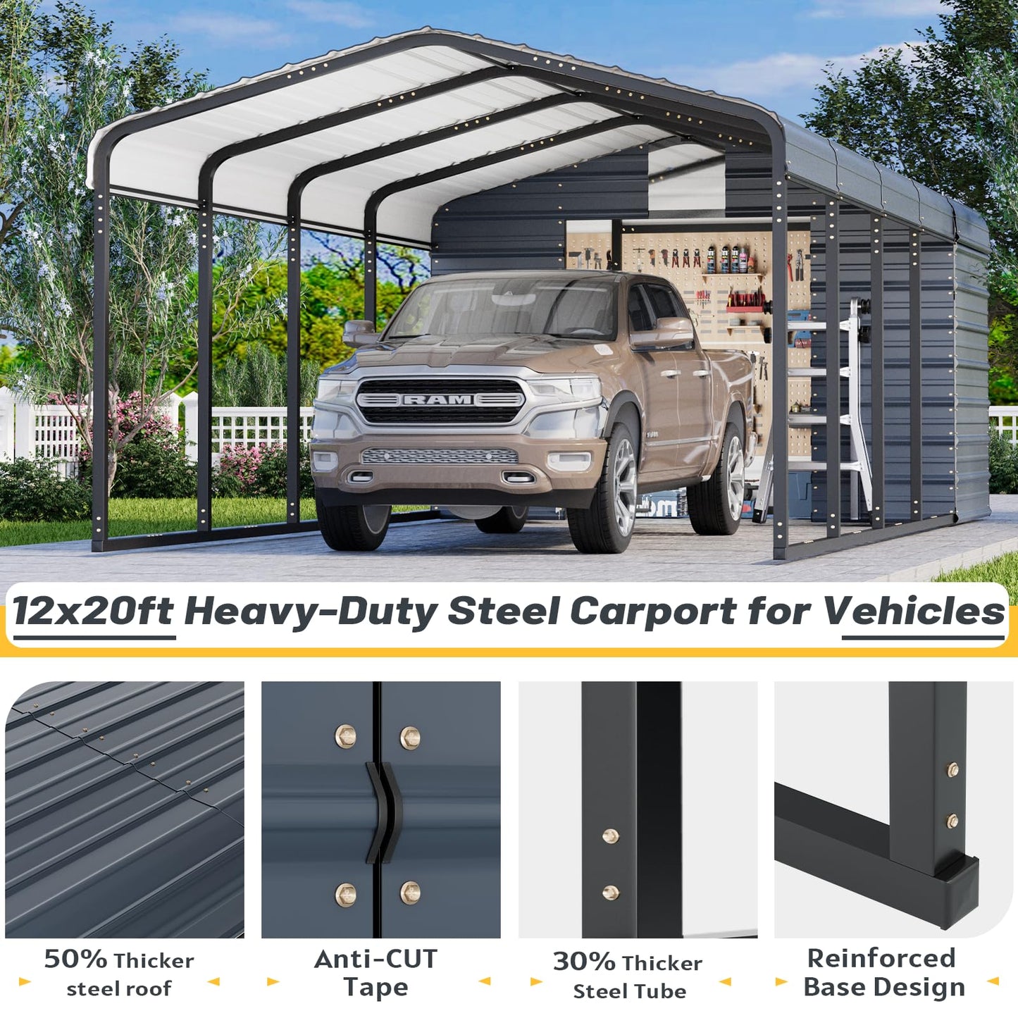 EROMMY 12x25 FT Metal Carport with Side Storage, Heavy Duty Enclosed Carport with Lockable Storage Room, Galvanized Steel Vehicle Shelter for Car, Truck & Tools