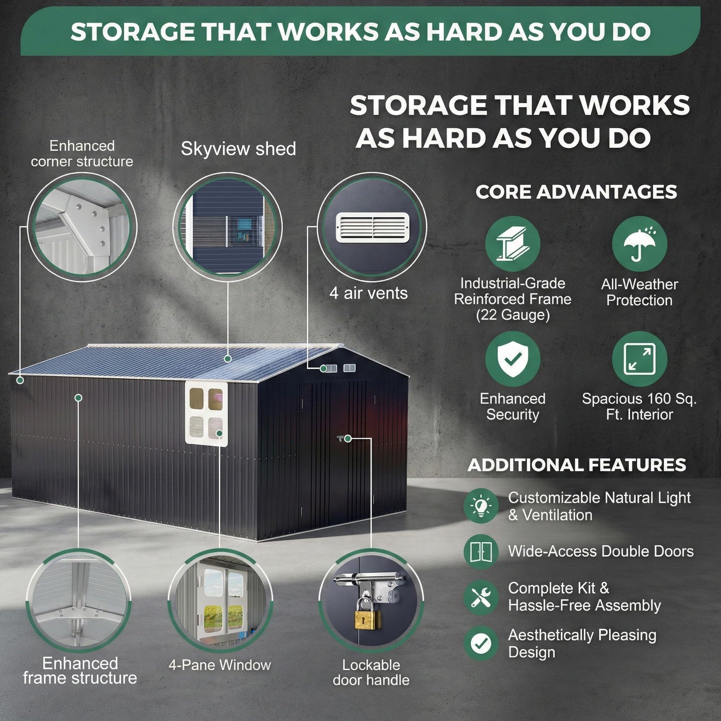 10x16 FT Metal Shed Heavy-Duty | Military-Grade 20-Gauge Reinforced Frame with Powder Coating | 50 PSF Snow Load & 120 MPH Wind Rated | Garden Tool/Bike Skylight Large Building
