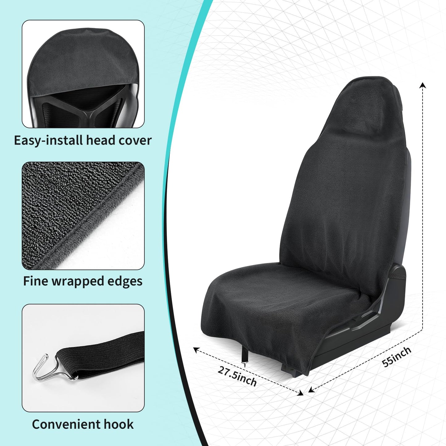 Movetility Waterproof 2 Pack Car Seat Towel Cover After Gym, Sweatproof Universal Fit Towel Seat Covers Washable Non-Slip Front Towel Bucket Seat Protector for Cars SUVs Vans Trucks(Black,2-Pcs)