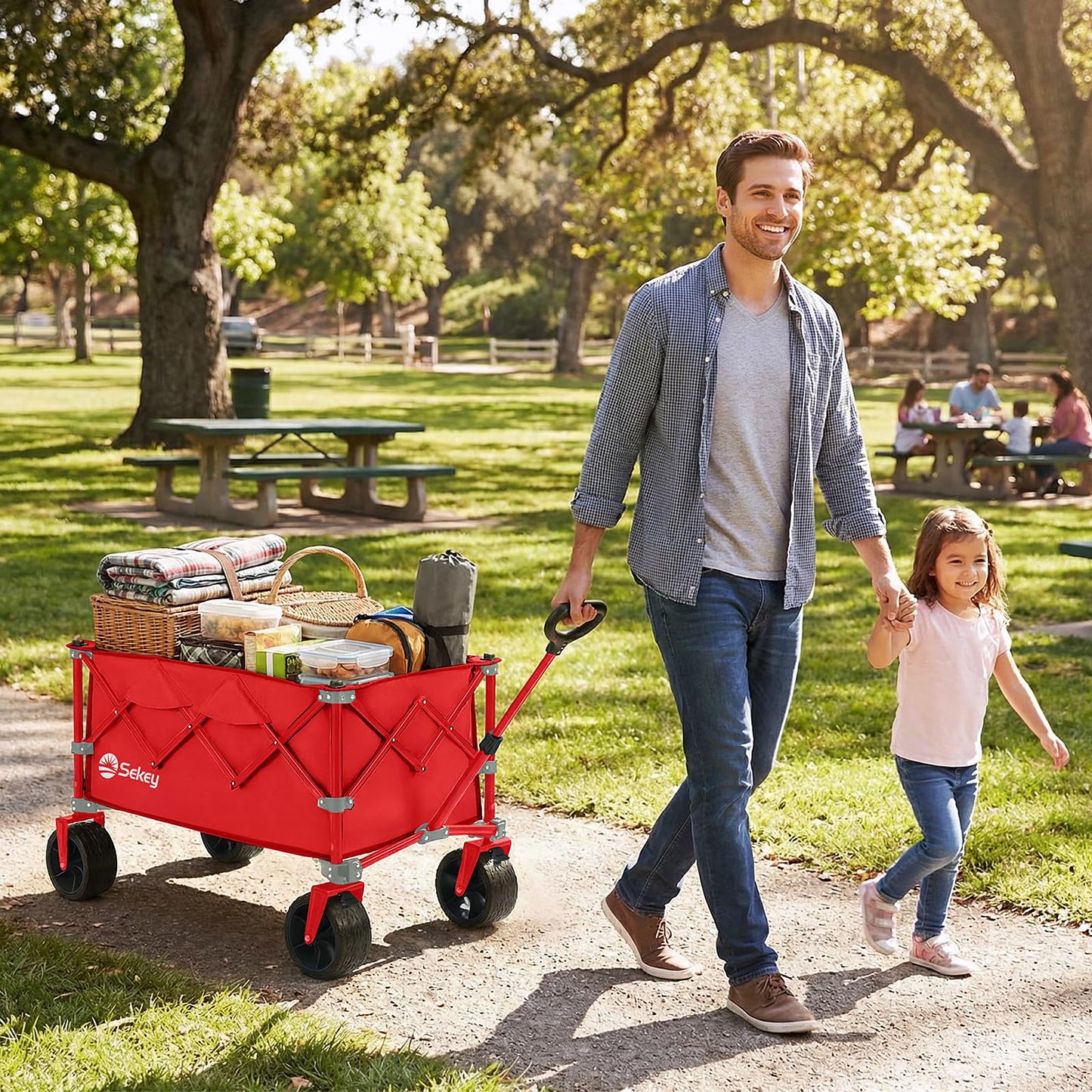 Sekey 150L Wagons Carts Foldable with Big All-Terrian Beach Wheels, Collapsible Heavy Duty Wagon, Extra Large Folding Wagon, Foldable Wagon for Camping, Garden, Sports. Red