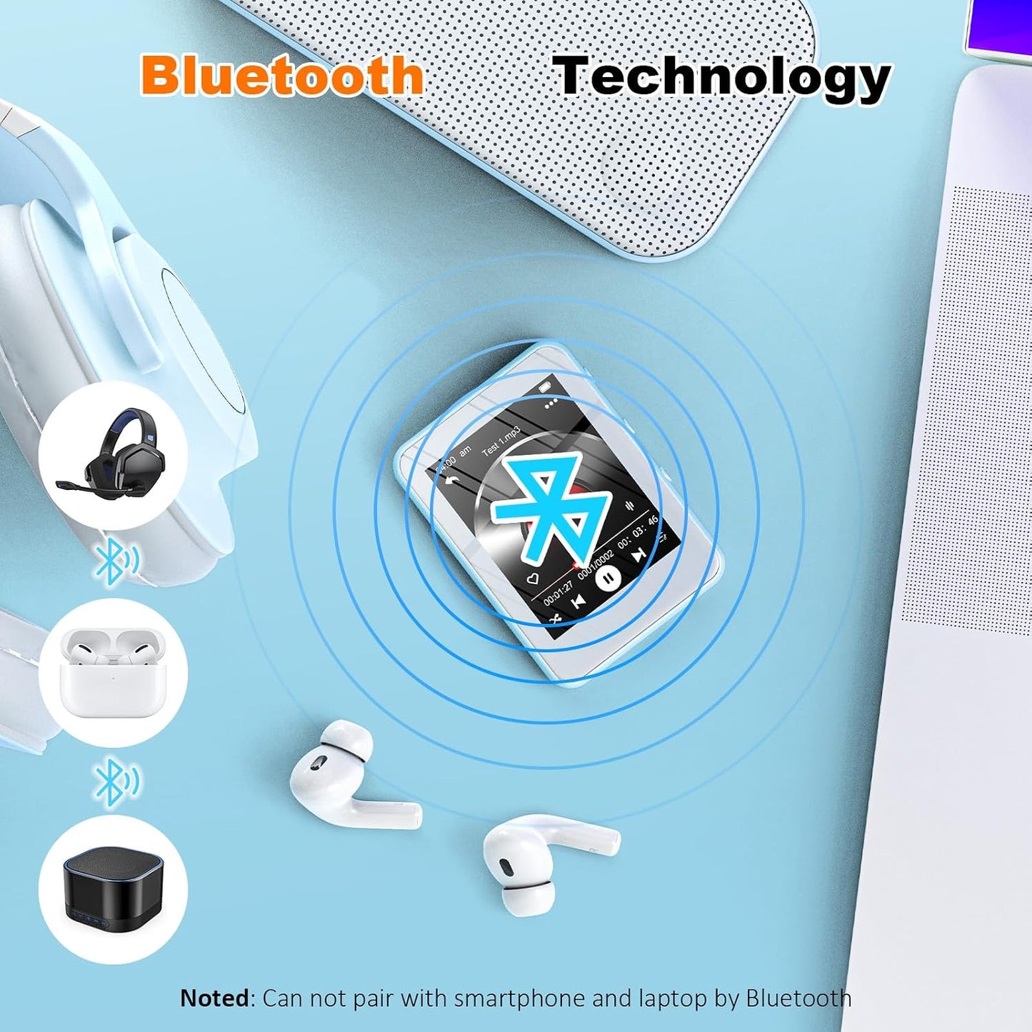 JOJOLEPAI MP3 5.3, 32GB 128GB Light Blue Player with Bluetooth Touchscreen Portable Music Player,Built-in Speaker,FM