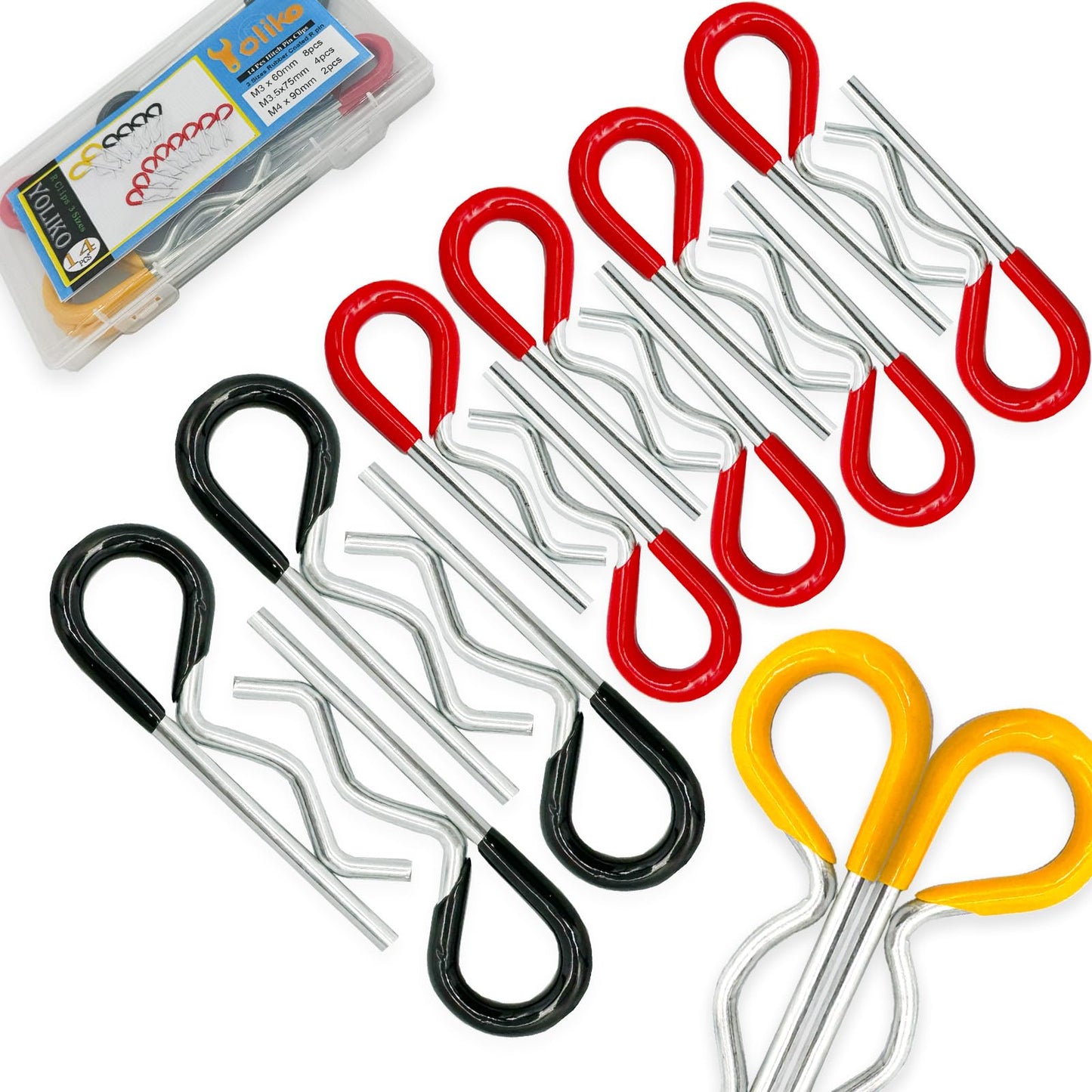14Pcs Heavy Duty Hitch Pins Clip R Clips Spring Retaining Wire Hair Pins Cotter Pin Strong Spring Rubber-Coated Grip R Clip for Trailer Tractors Mower Carts Truck Pin Clip 3Sizes M3x60 M3.5x75 M4x90