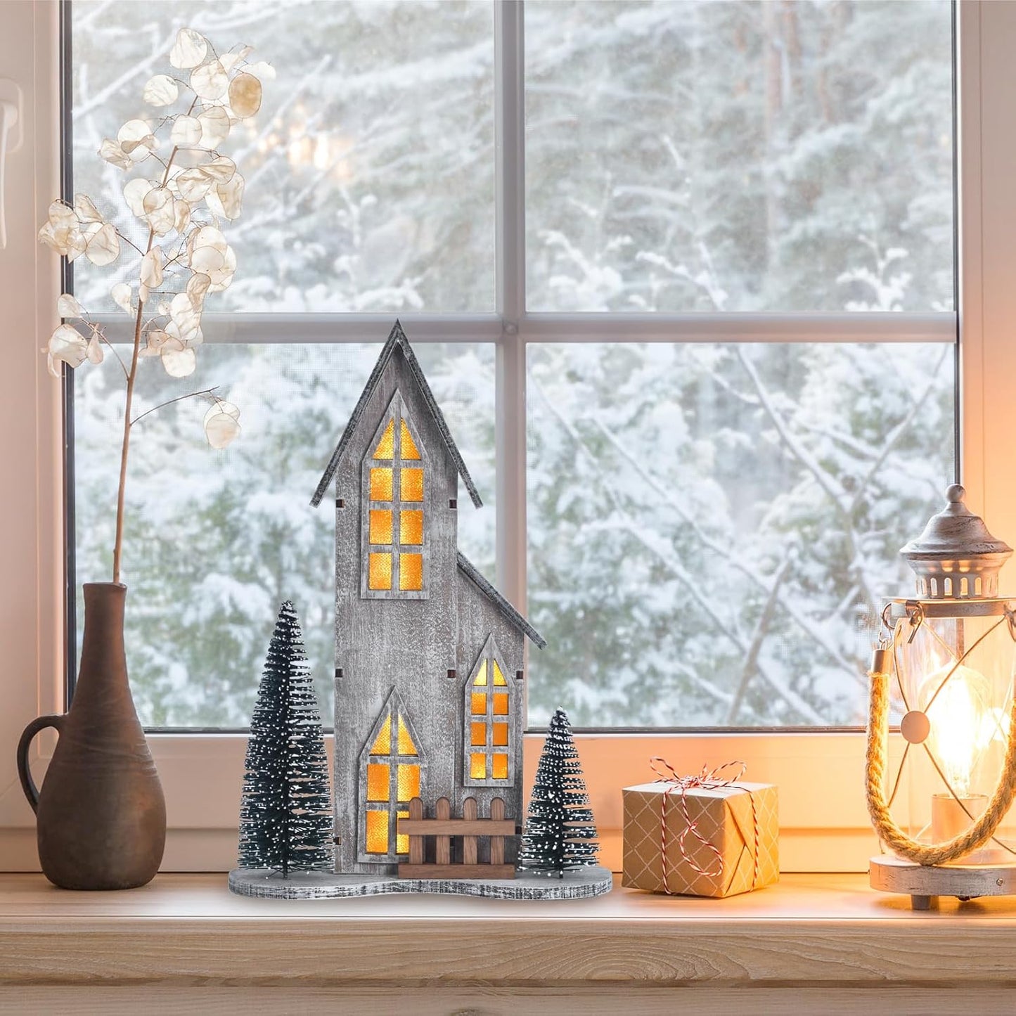 Wooden Christmas Village House - Lighted Indoor Tabletop Decor with LED & Tree | Winter Holiday Centerpiece (Style A)