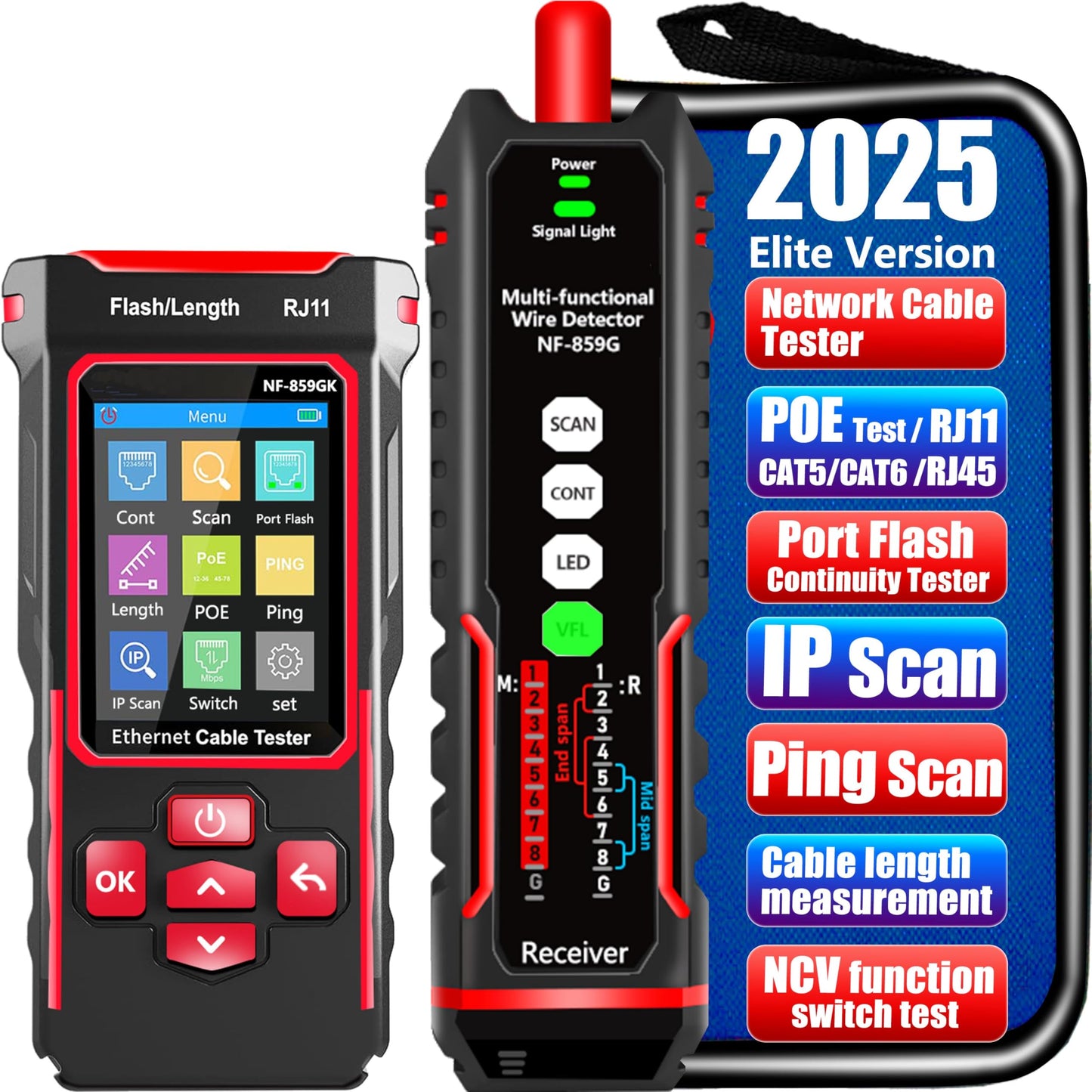 NF-859GK Network Cable Tester TDR Multi-Function with lP Scan CAT5 CAT6 CAT7 PING/POE/RJ45 RJ11 Cable TonerTester for Phone Lines CAT3, Ethernet,Wire Tracer LAN Network Tool Fiber Optic Continuity