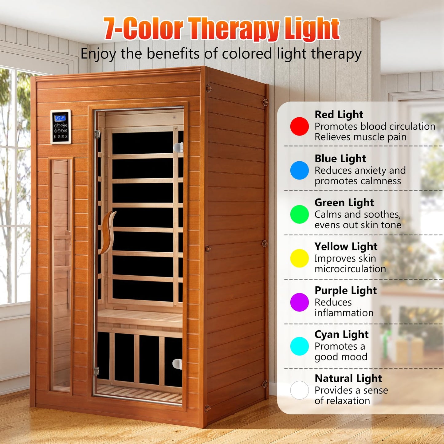 X-Vcak 1-2 Person Infrared Sauna, Dry Heat Sauna with Red Light Therapy, Bluetooth, Radio, 7-Color Therapy Light for Home, Indoor, Gym, Wellness Center, 40″ x 36″ x 73″, Brown