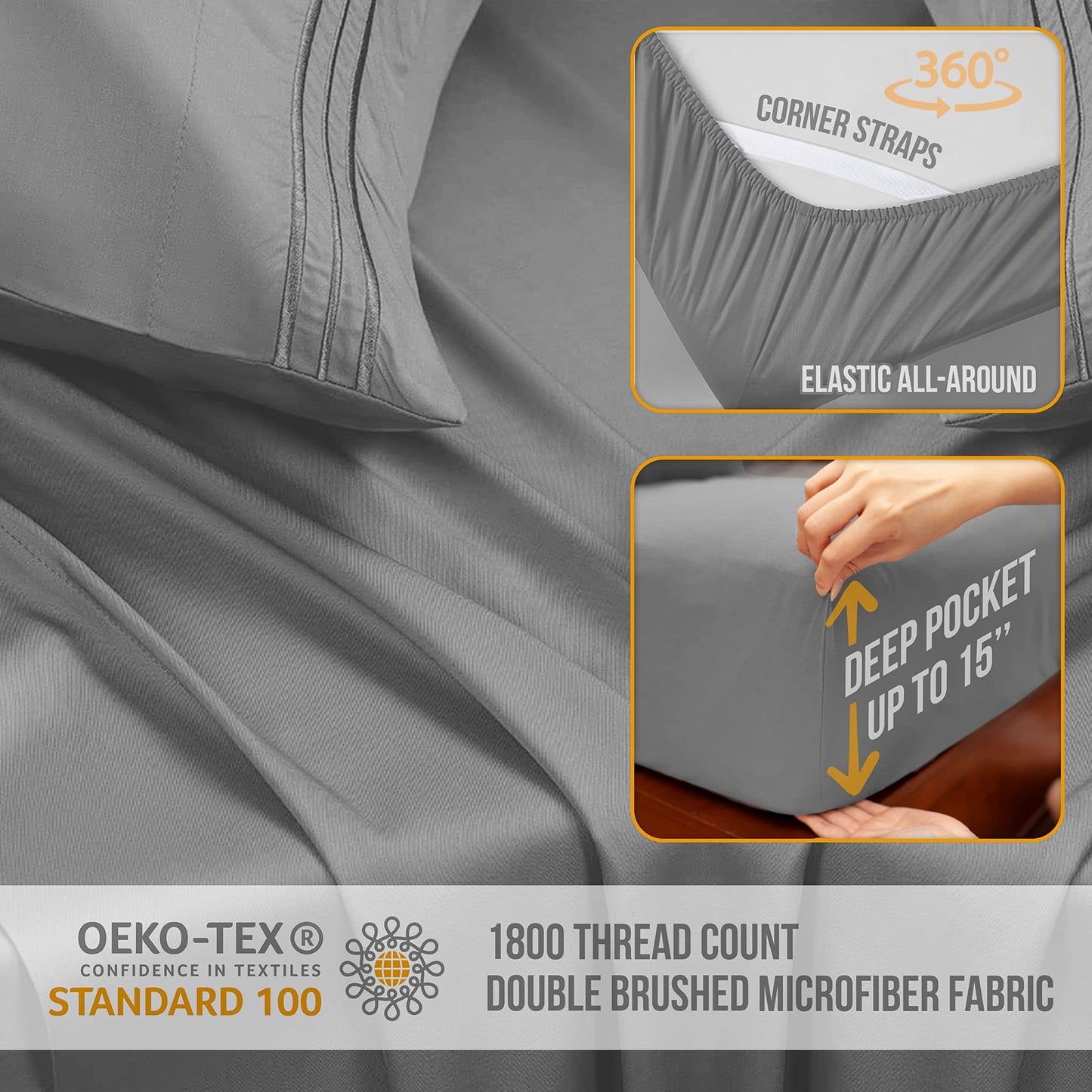 Abeero Home Twin Sheets Set - Luxury Hotel Bed Sheets - Soft Cooling Sheet with Elastic Corner Straps - Deep Pocket Microfiber Bedsheet - Bedding Sheet & Pillowcases -3 PC (Twin Size, Light Gray)