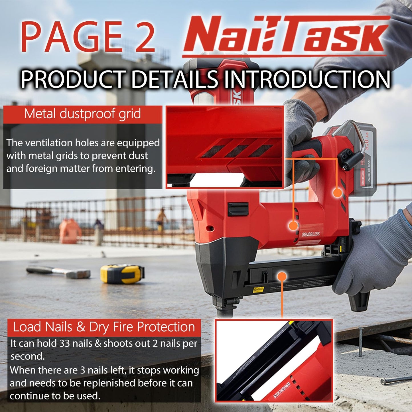 NailTask Cordless Electric Concrete Nail Gun 20V Power Pin Nailer Kit Fastener Machine Nailer Brushless Motor Tools (Without Battery) for Fastening Sheet Iron to Concrete Brick Wall Plumbing Work