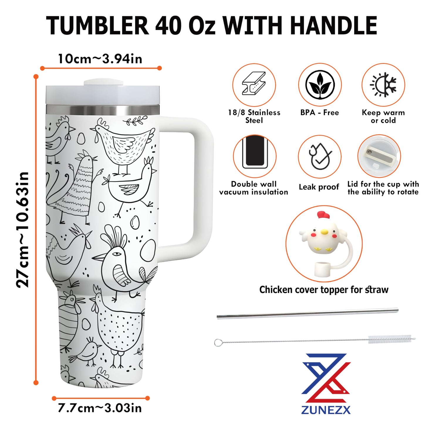40Oz Chicken Tumbler with Handle & Straw, Chick Straw Cover - Ideal for Chicken Lady, Chicken Cups - Perfect Chicken Mom Gifts for Birthday, Christmas, Decorations, Gifts for People with Chickens