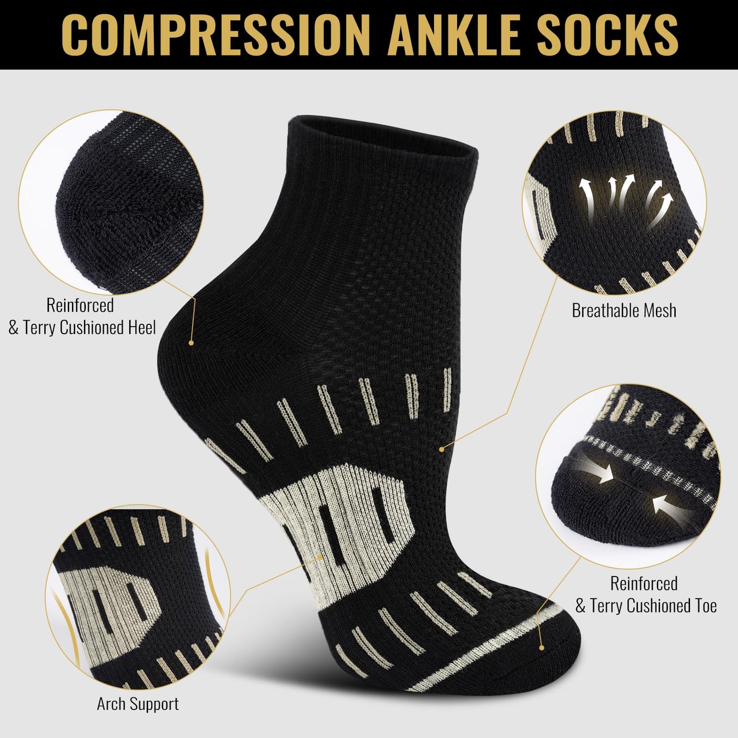 SukModen Copper Ankle Compression Socks for Men and Women (6 Pairs), Breathable Arch Support Short Running Socks