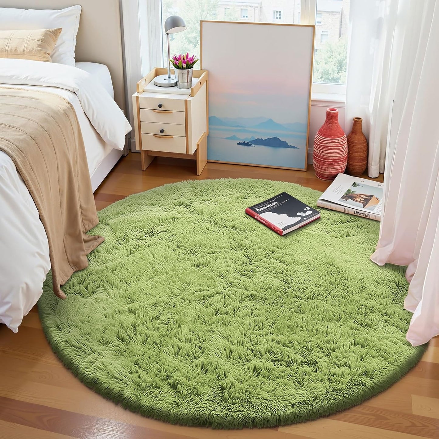 OLANLY Round Grass Green Area Rug - Soft, Fluffy, Machine Washable 8 ft Circle Carpet for Bedroom & Living Room