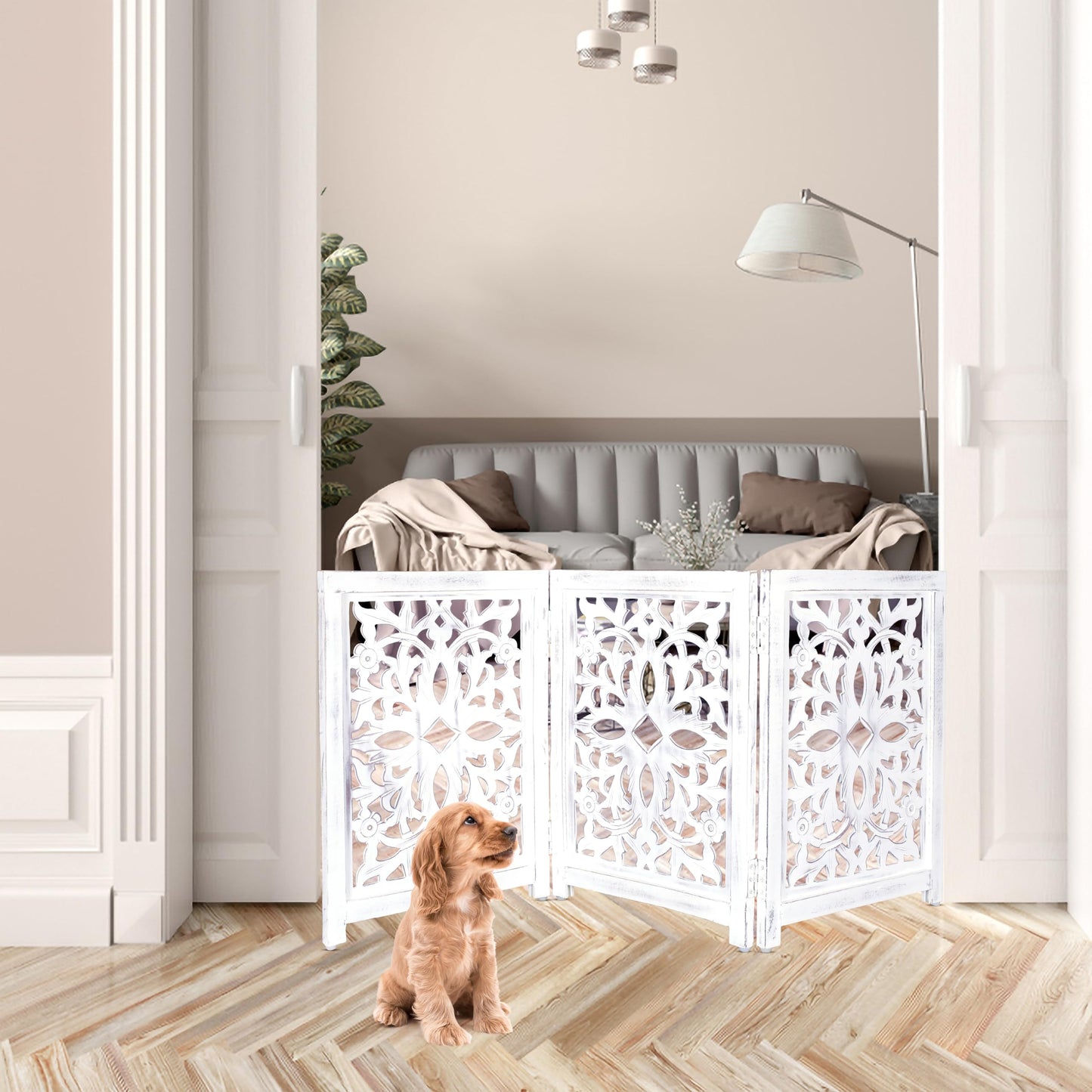 Lightnpro Foldable Carved Wooden Dog Gate - Freestanding 3-Panel Pet Barrier for Dogs - Decorative Walk-Over Fence for Stairs, Doorways & Hallways - Portable & Adjustable - Antique White (24x18 Inch)