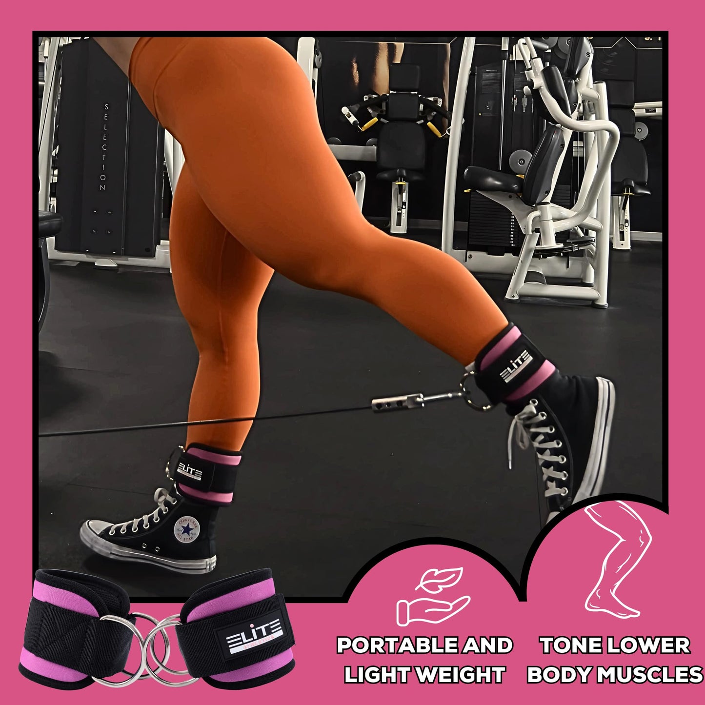 Elite Athletics Ankle Strap for Cable Machine, Gym Ankle Cuff for Cable Kickback, plus Wrist Lifting Straps for Weightlifting, Deadlift and Carry Bag (Pink)
