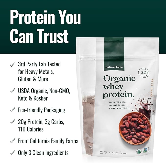 Natural Force Whey Protein Powder ??Chocolate ??Grass Fed Organic, Pure, Keto & Paleo Friendly, Low Carb, Kosher, Non GMO ??1 Pound