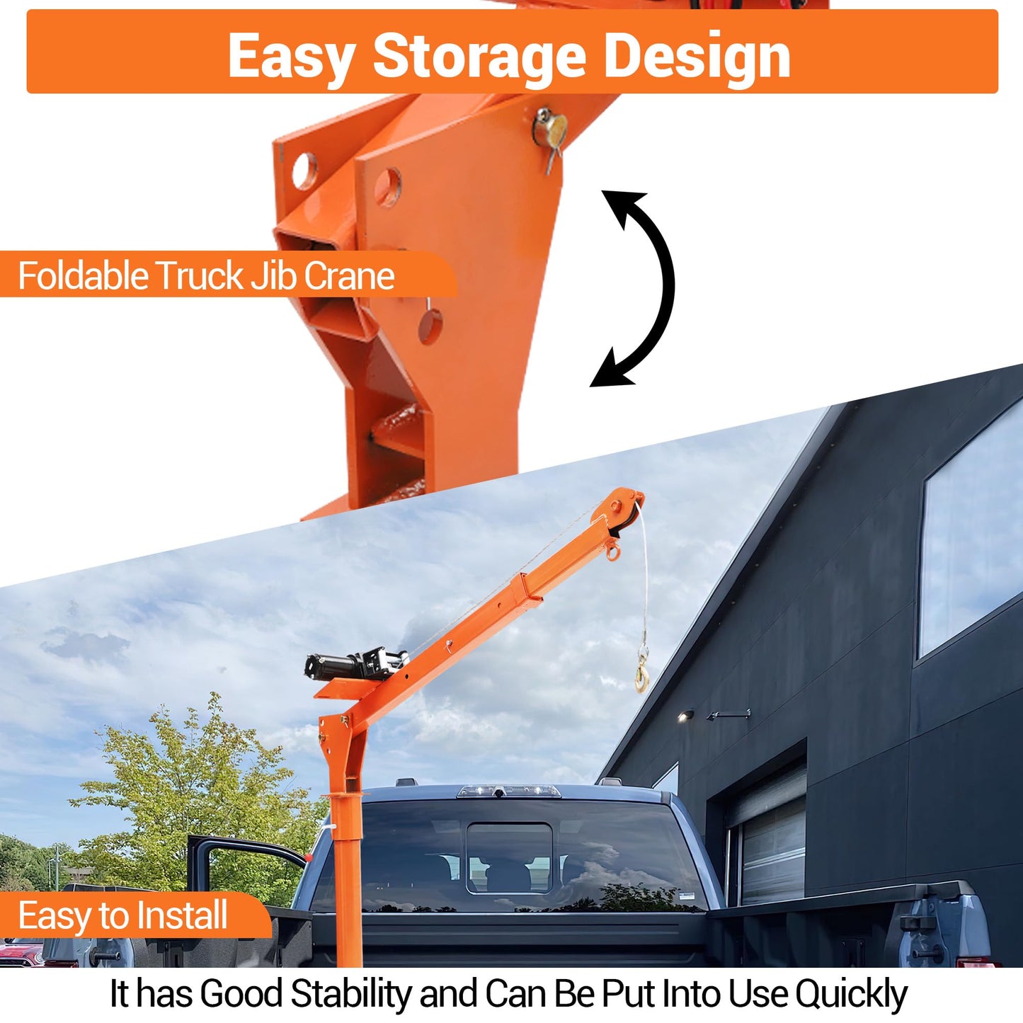 Hydraulic Pickup Truck Crane, 1000 lbs Capacity, 360°Swivel, Hitch Mounted Crane with 3 Adjustable Capacities of 500 Lbs, 750 Lbs and 1000 Lbs for Lifting Goods in Construction, Industry(Orange)