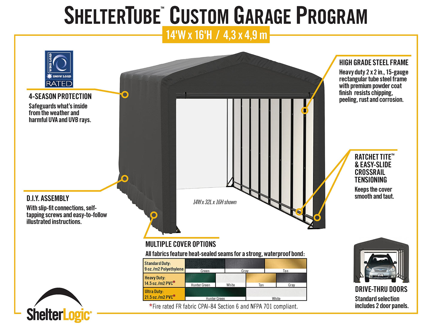 ShelterLogic ShelterTube Garage & Storage Shelter, 14' x 40' x 16' Heavy-Duty Steel Frame Wind and Snow-Load Rated Enclosure, Gray