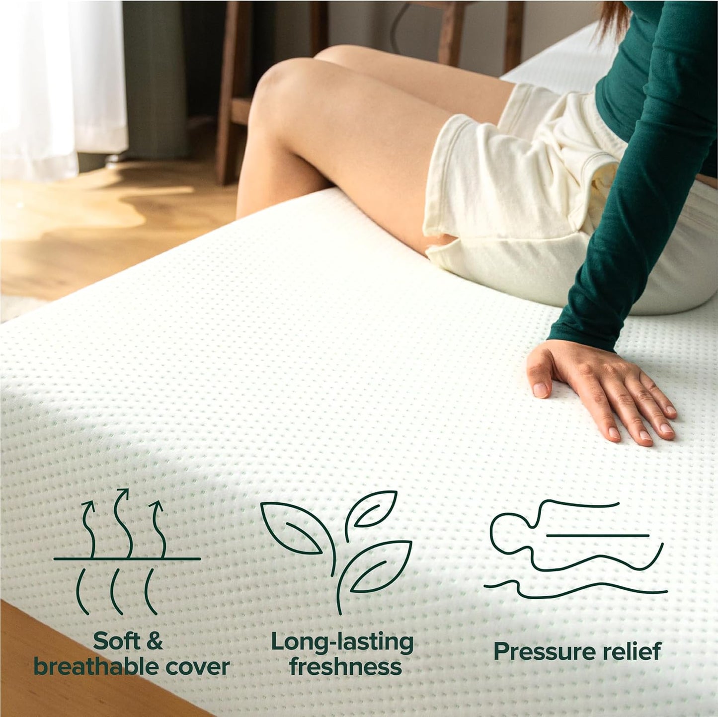 ZINUS 6 Inch Short Queen Green Tea Memory Foam Mattress - Medium Firm, Zoned Pressure Relief, Fiberglass Free